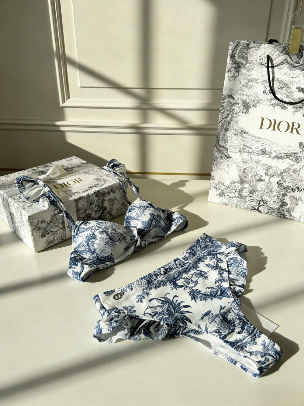 Dior Blue Toile de Jouy Ruffled Bikini Set - Picture 2 of 6